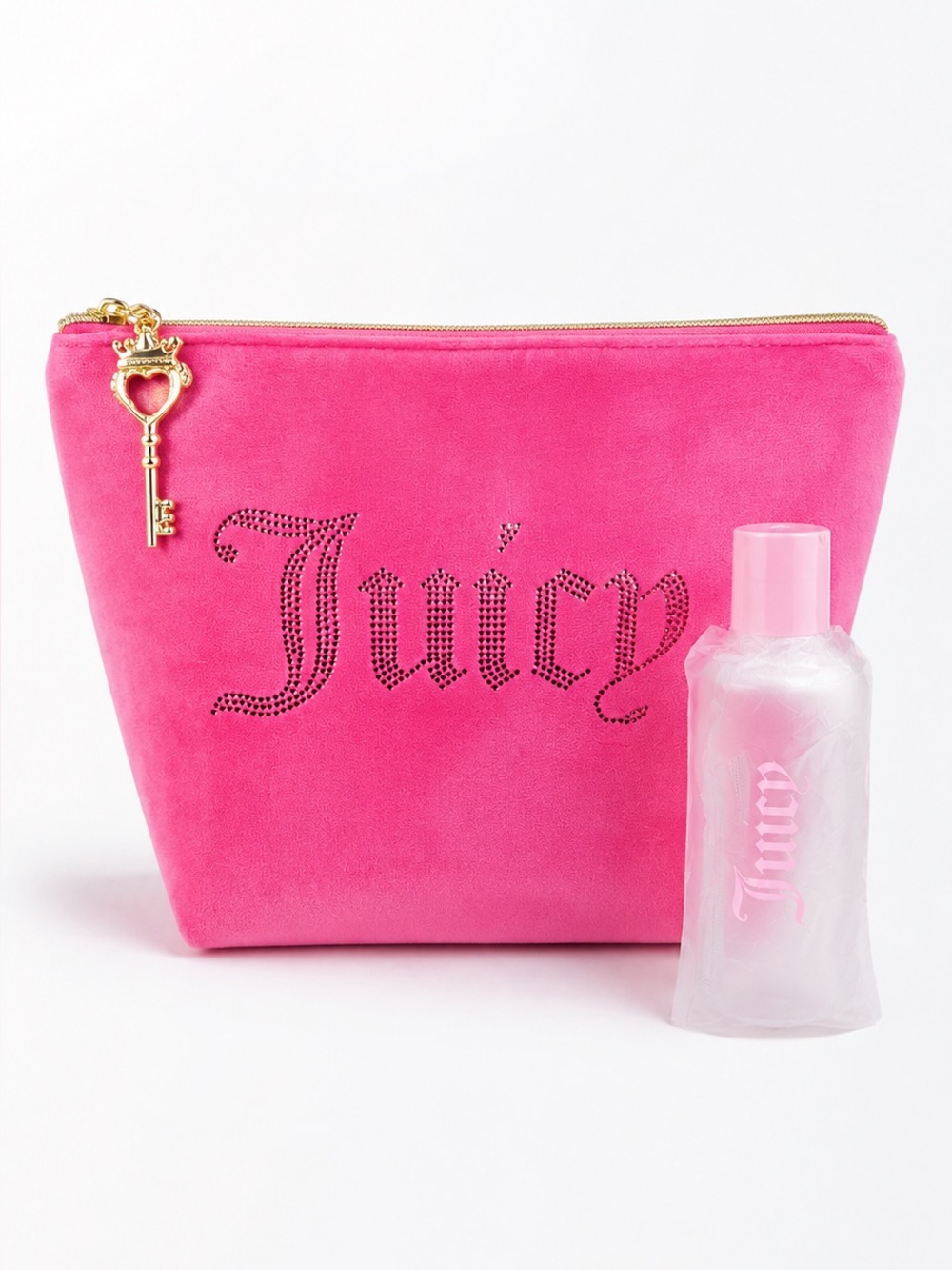 Juicy Couture Hot Pink Velour Rhinestone Makeup Bag + Travel Bottle